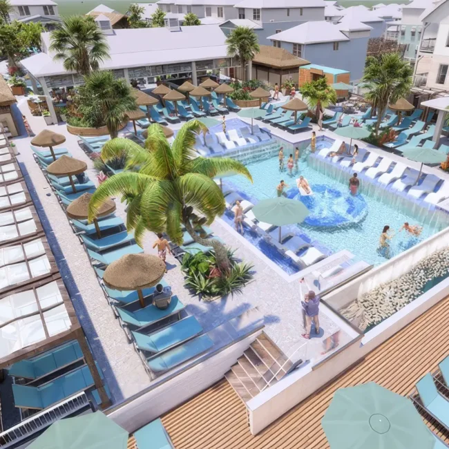 Rendering — Beach Resort pool with sun shelf and covered cabanas
